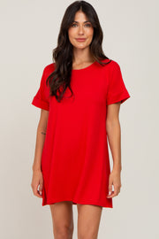 Red Soft Knit Cuffed Short Sleeve Dress