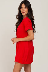 Red Soft Knit Cuffed Short Sleeve Dress