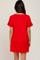 Red Soft Knit Cuffed Short Sleeve Dress