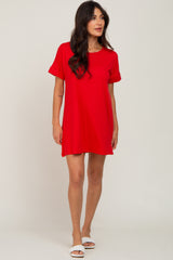 Red Soft Knit Cuffed Short Sleeve Dress