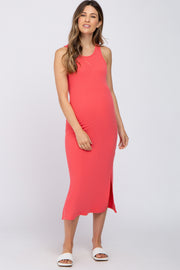 Coral Ribbed Side Slit Maternity Midi Dress