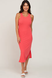 Coral Ribbed Side Slit Midi Dress