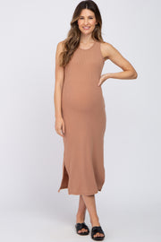 Mocha Ribbed Side Slit Maternity Midi Dress