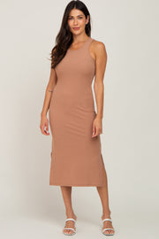 Mocha Ribbed Side Slit Midi Dress