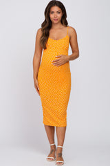 Orange Leaf Print Fitted Maternity Midi Dress