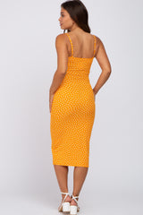 Orange Leaf Print Fitted Maternity Midi Dress