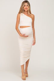 Cream One Shoulder Cutout Ruched Maternity Midi Dress