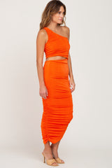 Orange One Shoulder Cutout Ruched Midi Dress