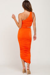 Orange One Shoulder Cutout Ruched Midi Dress