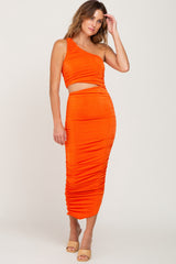 Orange One Shoulder Cutout Ruched Midi Dress