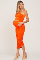 Orange One Shoulder Cutout Ruched Maternity Midi Dress