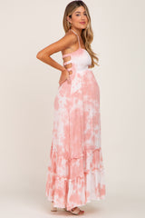 Pink Tie Dye Smocked Cutout Maternity Maxi Dress