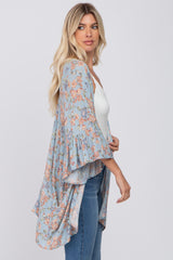 Blue Floral Ruffle Sleeve Back Tie Cover Up