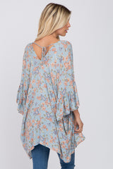 Blue Floral Ruffle Sleeve Back Tie Cover Up