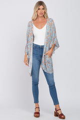 Blue Floral Ruffle Sleeve Back Tie Cover Up