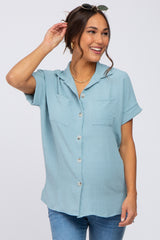 Light Olive Collared Button-Down Short Sleeve Maternity Blouse