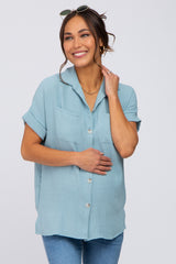 Light Olive Collared Button-Down Short Sleeve Maternity Blouse