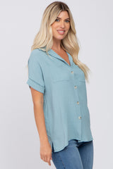 Light Olive Collared Button-Down Short Sleeve Blouse