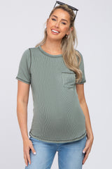 Olive Ribbed Front Pocket Short Sleeve Maternity Top