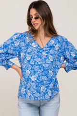 Blue Floral Paisley Button Front 3/4 Sleeve Maternity Blouse