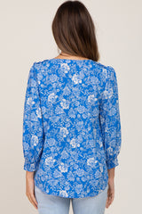 Blue Floral Paisley Button Front 3/4 Sleeve Maternity Blouse