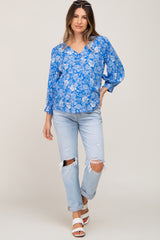 Blue Floral Paisley Button Front 3/4 Sleeve Maternity Blouse