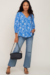 Blue Floral Paisley Button Front 3/4 Sleeve Maternity Blouse