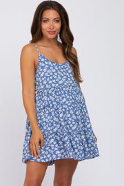 Blue Floral Sleeveless Tiered Maternity Mini Dress