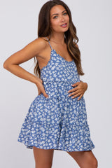 Blue Floral Sleeveless Tiered Maternity Mini Dress