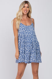 Blue Floral Sleeveless Tiered Mini Dress