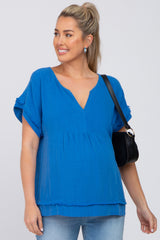 Blue Linen Maternity Blouse