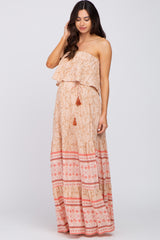 Peach Floral Ruffle Layered Strapless Maternity Maxi Dress