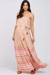 Peach Floral Ruffle Layered Strapless Maternity Maxi Dress