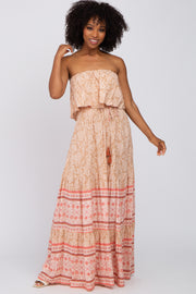 Peach Floral Ruffle Layered Strapless Maxi Dress