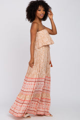 Peach Floral Ruffle Layered Strapless Maxi Dress