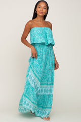 Aqua Floral Ruffle Layered Strapless Maxi Dress