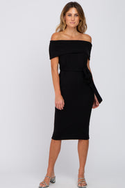 Black Folded Off Shoulder Waist Tie Midi Dress