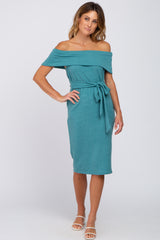 Jade Folded Off Shoulder Waist Tie Midi Dress