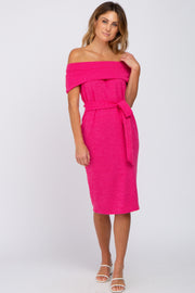 Fuchsia Folded Off Shoulder Waist Tie Midi Dress