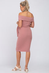 Mauve Folded Off Shoulder Waist Tie Maternity Midi Dress