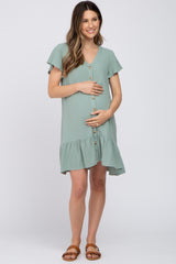 Light Olive Button Accent Ruffle Hem Maternity Dresses