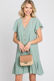 Light Olive Button Accent Ruffle Hem Dresses