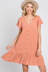 Salmon Button Accent Ruffle Hem Dress