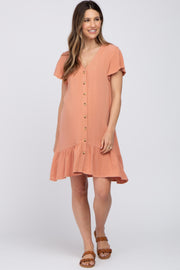 Salmon Button Accent Ruffle Hem Maternity Dress