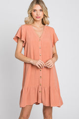 Salmon Button Accent Ruffle Hem Dress