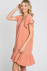 Salmon Button Accent Ruffle Hem Dress