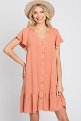 Salmon Button Accent Ruffle Hem Dress