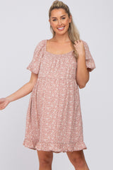 Pink Floral Smocked Square Neck Puff Short Sleeve Maternity Dress