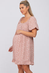 Pink Floral Smocked Square Neck Puff Short Sleeve Maternity Dress