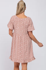 Pink Floral Smocked Square Neck Puff Short Sleeve Maternity Dress